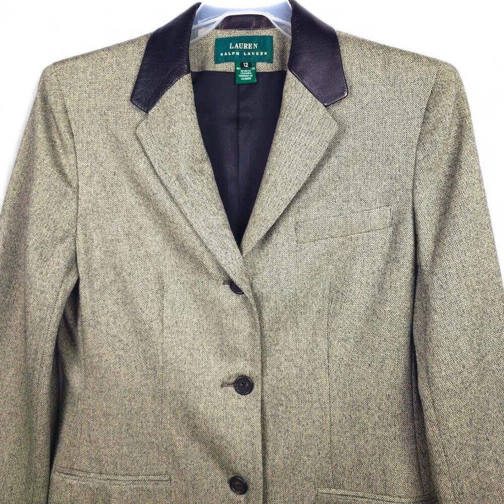 Lauren Ralph Lauren Wool Herringbone Walking Coat 12 Leather Collar Equestrian